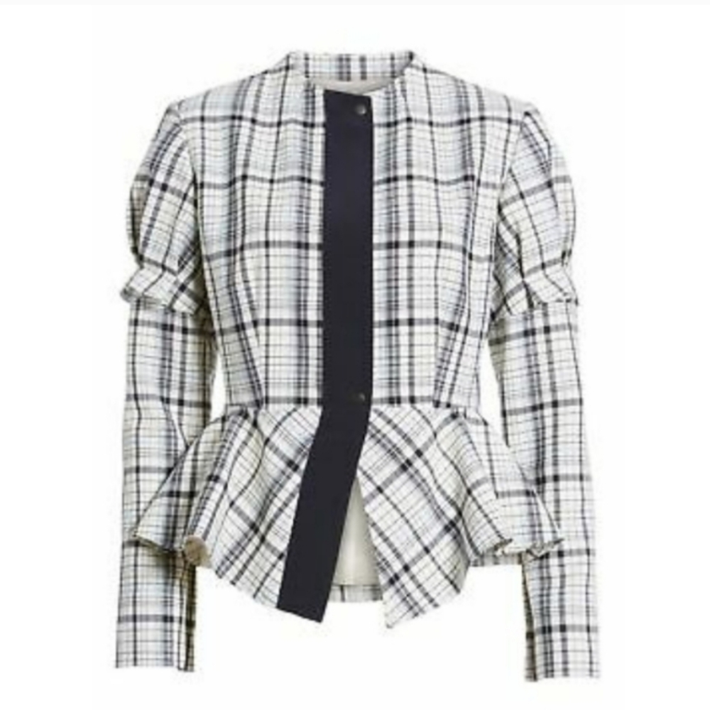LEWIT WHITE & BLUE CHECK PLAID VIRGIN WOOL RAW EDGE PEPLUM JACKET Sz S - Picture 3 of 8